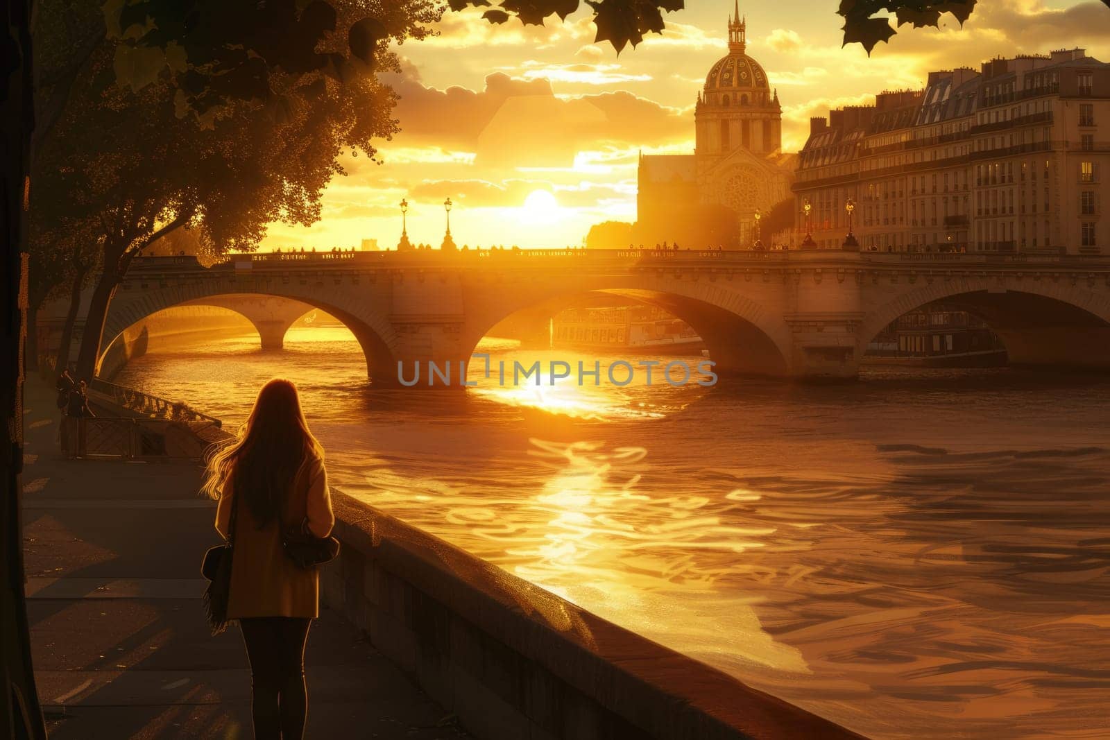 Female tourist with long hair walking along the river in sunset while impress a beautiful tourist attention. Back view of attractive woman looking and taking a photo or recording the video. AIG42.