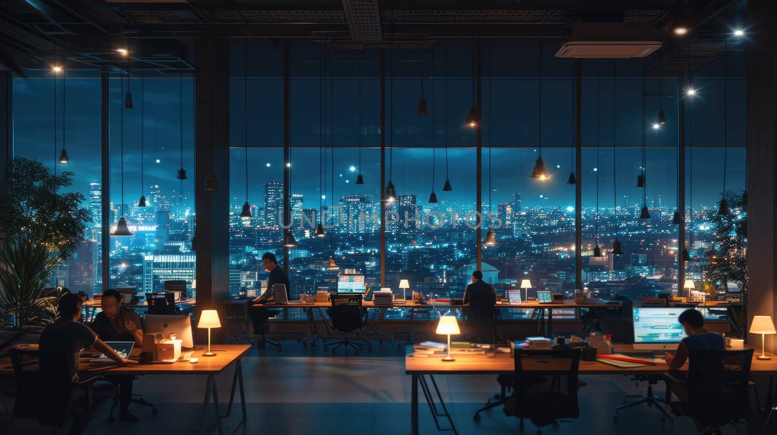 A gathering of individuals occupies office desks in a building during nighttime. The room features water fixtures, tables, and glass elements. AIG41