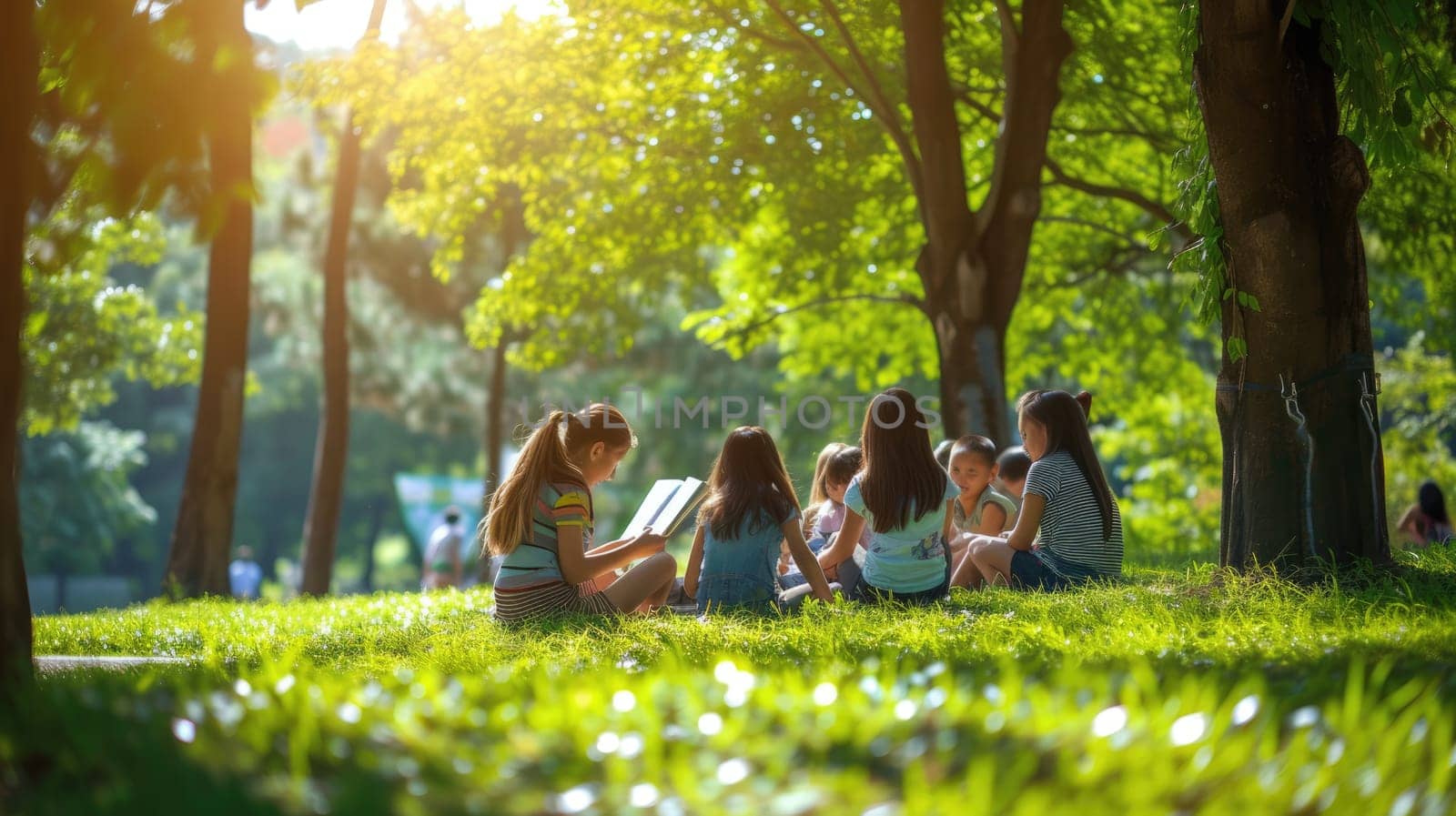 A joyful group of people enjoying the natural landscape, sitting on the grass in a park surrounded by trees and terrestrial plants. AIG41