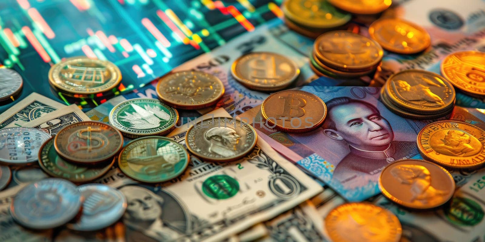 Photo of financial graph graphic with international money currency. Stock market trading chart holographic display with money placed together. Investment profit concept. Economic business. AIG42.