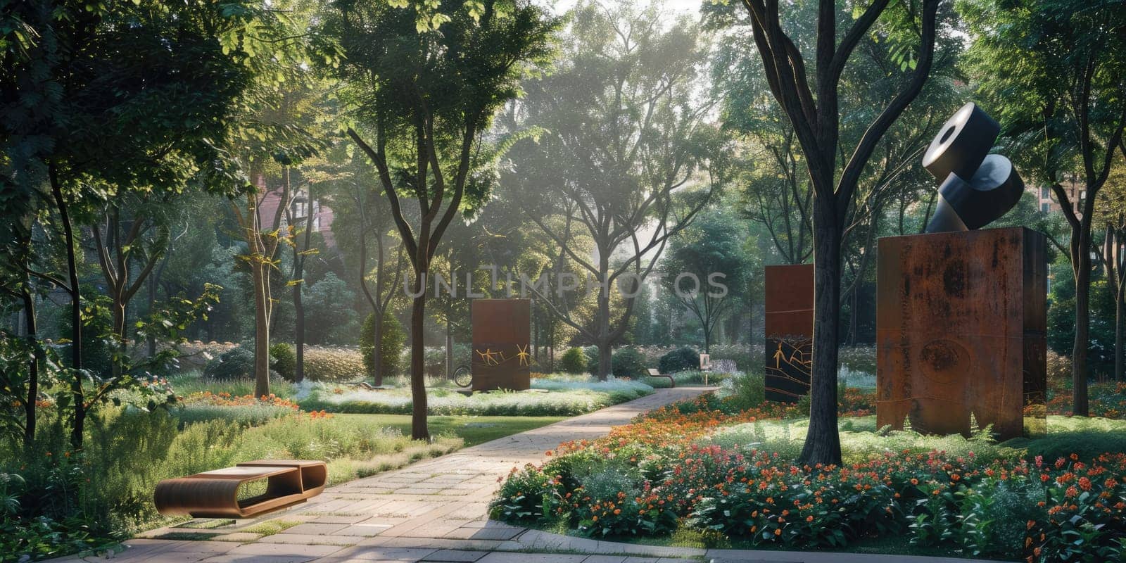 A contemporary sculpture in an urban garden surrounded by lush greenery creates a serene atmosphere AIG59