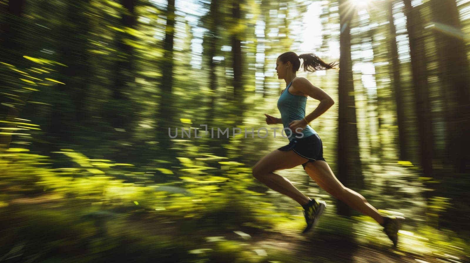 A woman wearing shorts is running through a forest trail surrounded by terrestrial plants, trees, and grass in a natural landscape. AIG41
