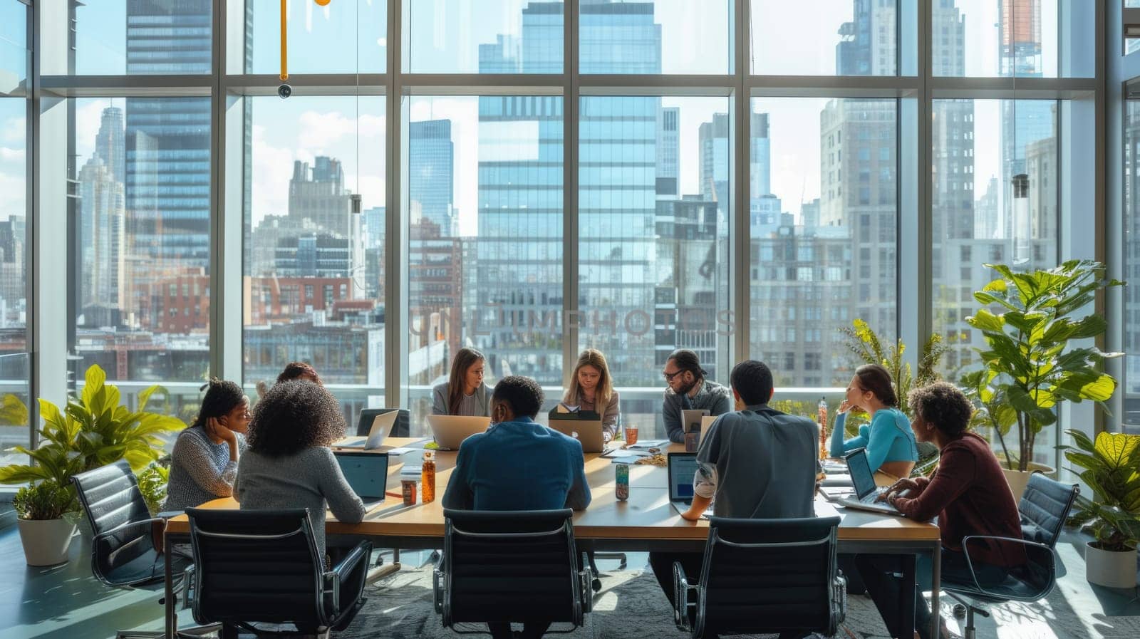 A crowd of real estate professionals gather in a glass conference room, sharing ideas and having fun during a building event. AIG41