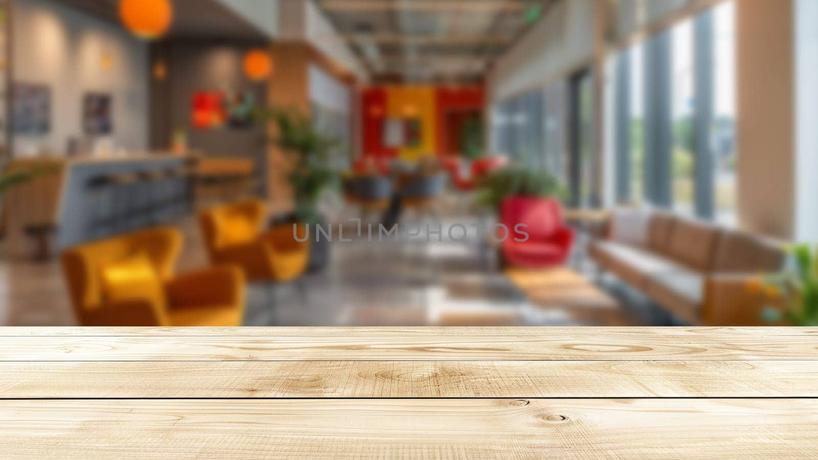 Wooden table top against a soft-focus office background, perfect for advertising modern office products.