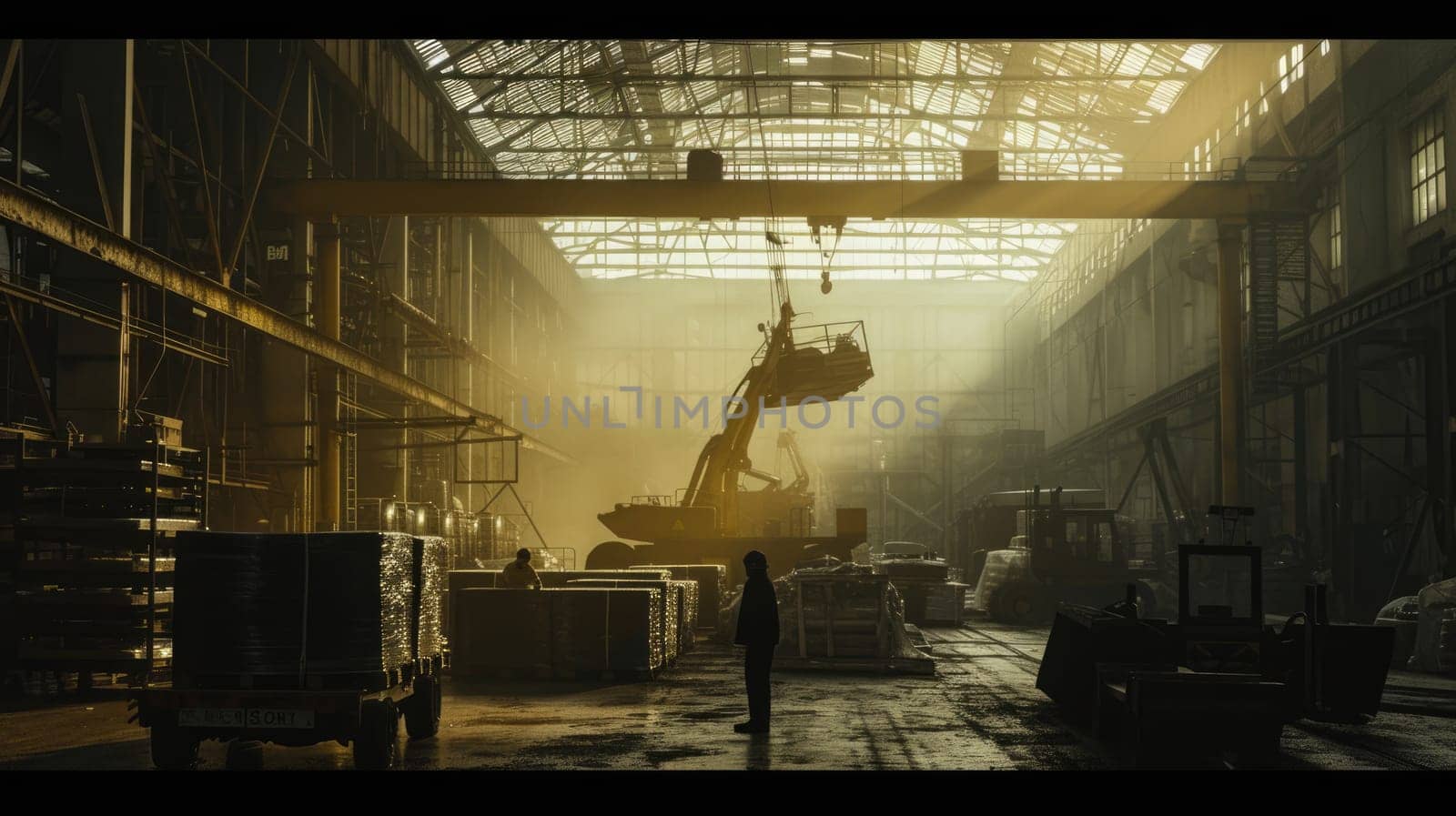 Photo of professional warehouse worker with safety helmet checking at robot carrying industrial material. Skilled construction engineer working and guiding machine with crane moving product. AIG42.