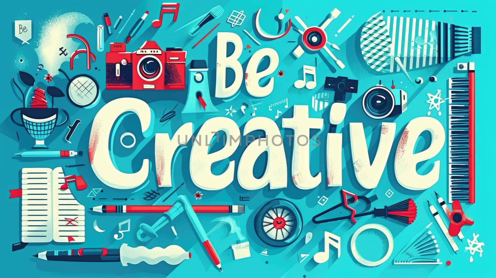 The letter of be creative in variant texture with bright light colorful color with making or constructing with musical element and art equipment with 3D design. Recreation concept. Lettering. AIG42.