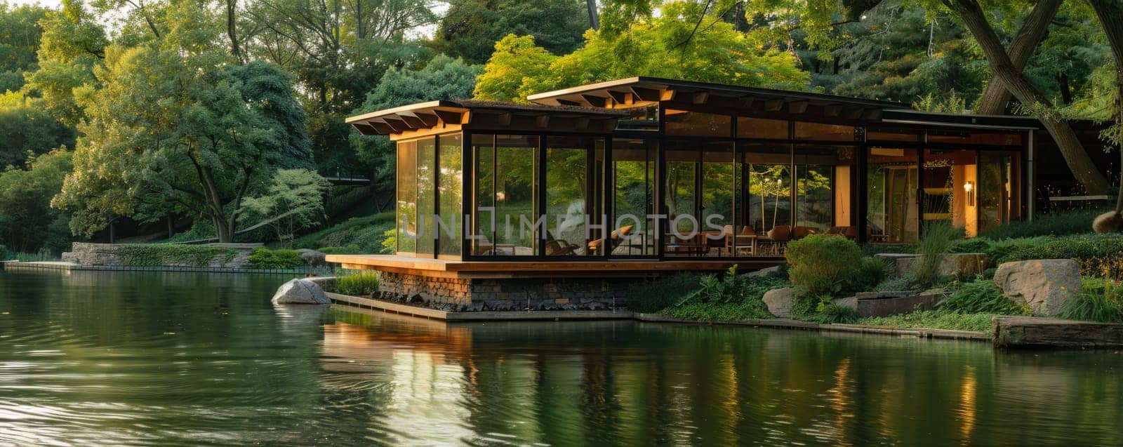 A modern glass house near a tranquil lake, embraced by lush greenery and calm waters, for the perfect peaceful retreat AIG59