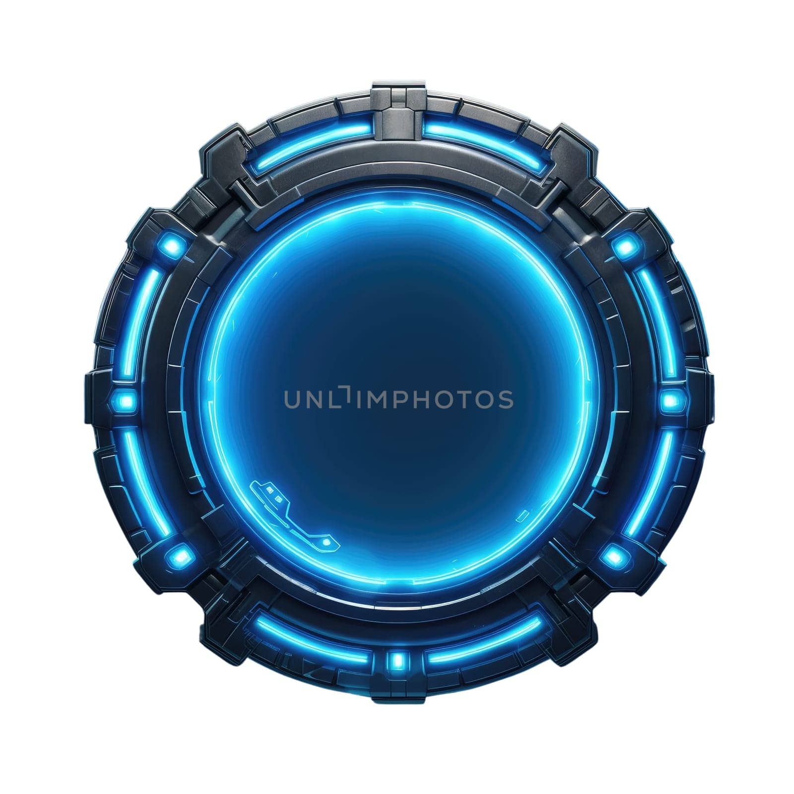 Abstract frame of mysterious geometric shape portal with digital style neon light reflecting set against dark tone background, create futuristic visual ideal for design science fiction cover. AIG35.