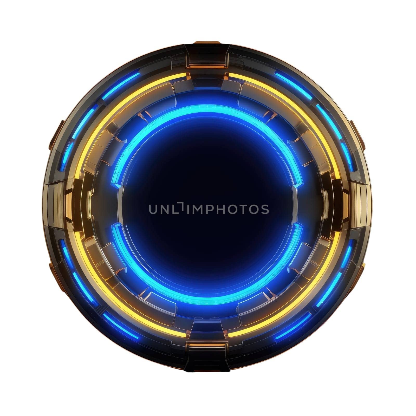Abstract frame of mysterious geometric shape portal with digital style neon light reflecting set against dark tone background, create futuristic visual ideal for design science fiction cover. AIG35.
