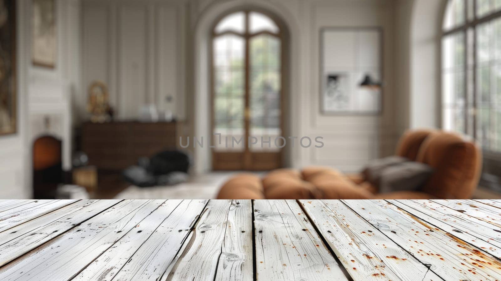 Empty wood table top with blur background of bedroom interior. The table giving copy space for placing advertising product on the table along with beautiful background.