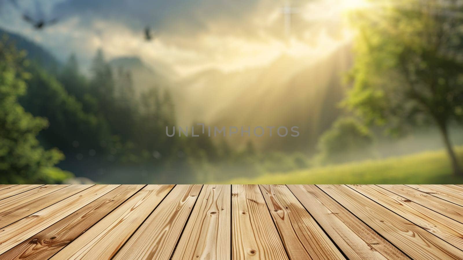 Empty wood table top with blur background of nature lush green forest. The table giving copy space for placing advertising product on the table along with beautiful green forest nature background.