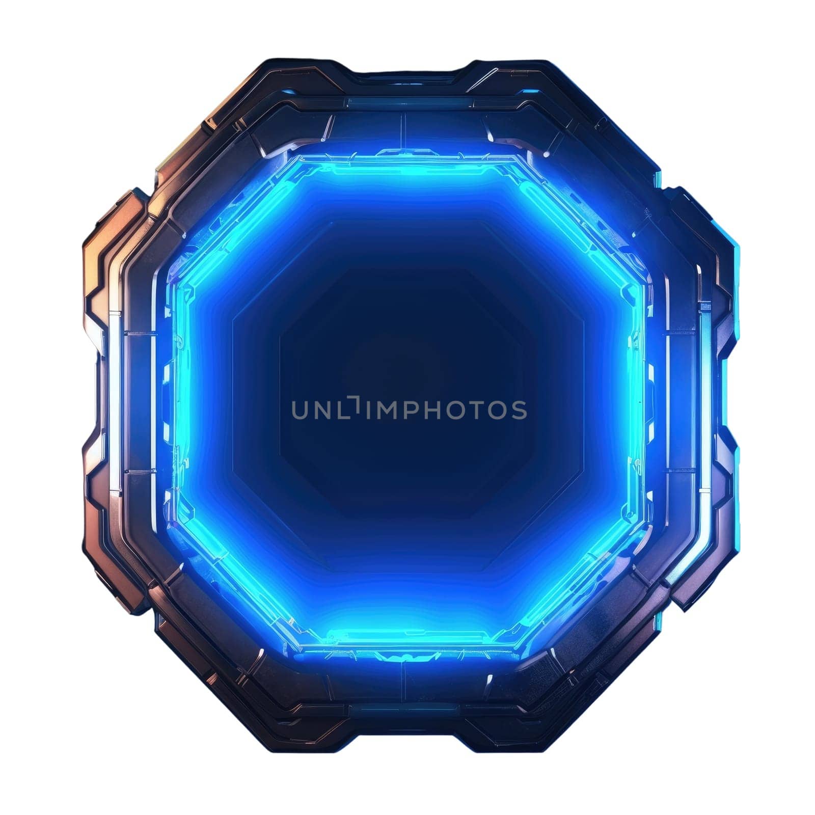 Abstract frame of mysterious geometric shape portal with digital style neon light reflecting set against dark tone background, create futuristic visual ideal for design science fiction cover. AIG35.