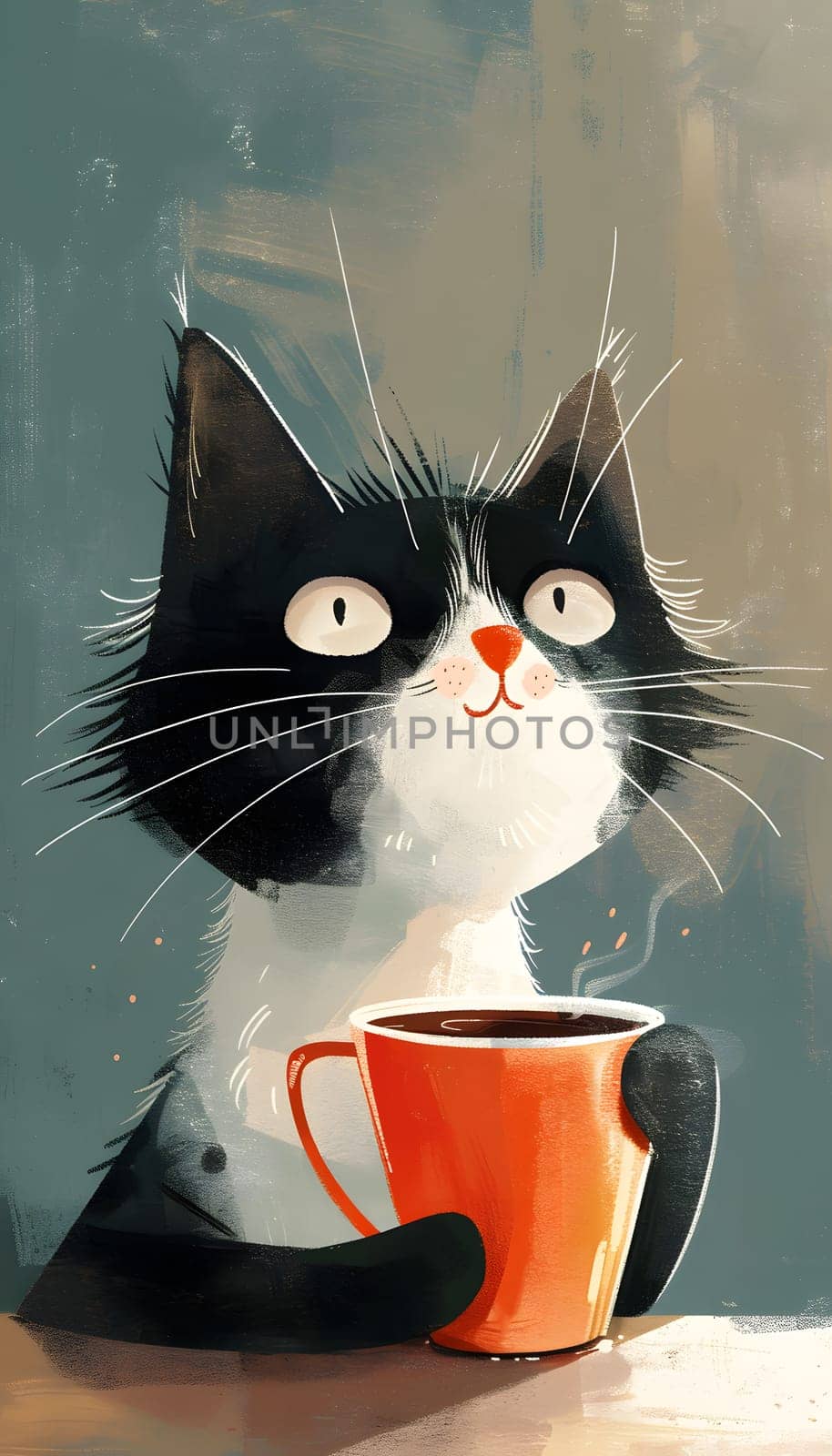 A domestic shorthaired cat with whiskers holding a cup of coffee by Nadtochiy