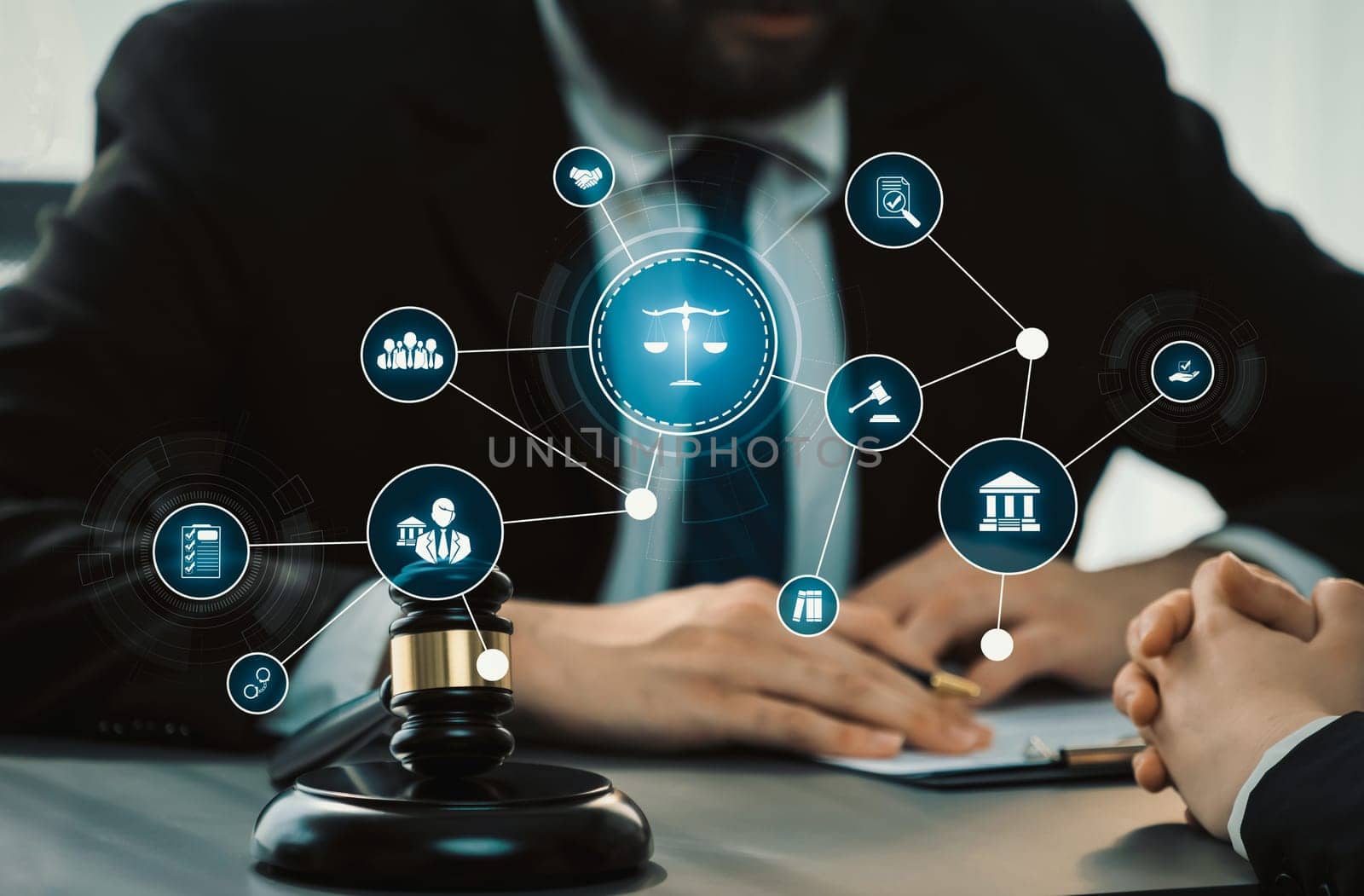 Smart law, legal advice icons and lawyer working tools in the lawyers office showing concept of digital law and online technology of savvy law and regulations .