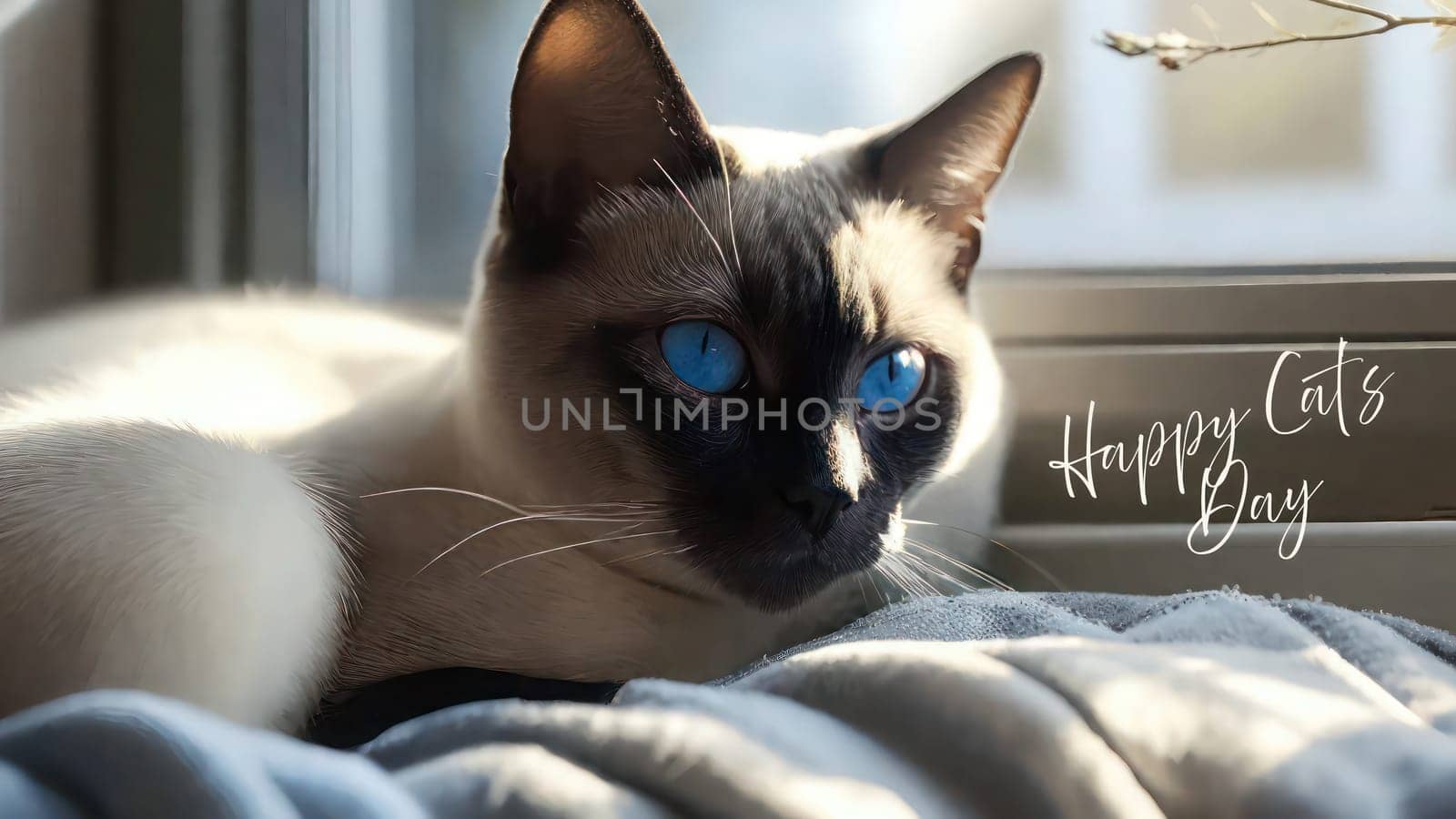 Close up photo of a. Siamese cat resting on a beige blanket .Cat day card. by VeroDibe