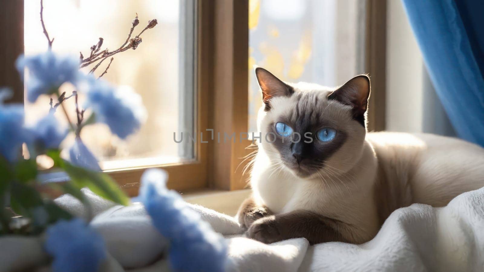 Siamese cat resting on a beige blanket by the window.Cat day concept. by VeroDibe