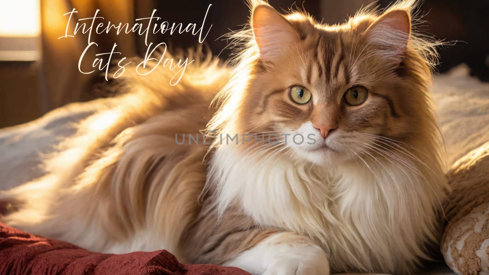 Long-haired cat lying on a pillow by the window.Cat Day Card by VeroDibe