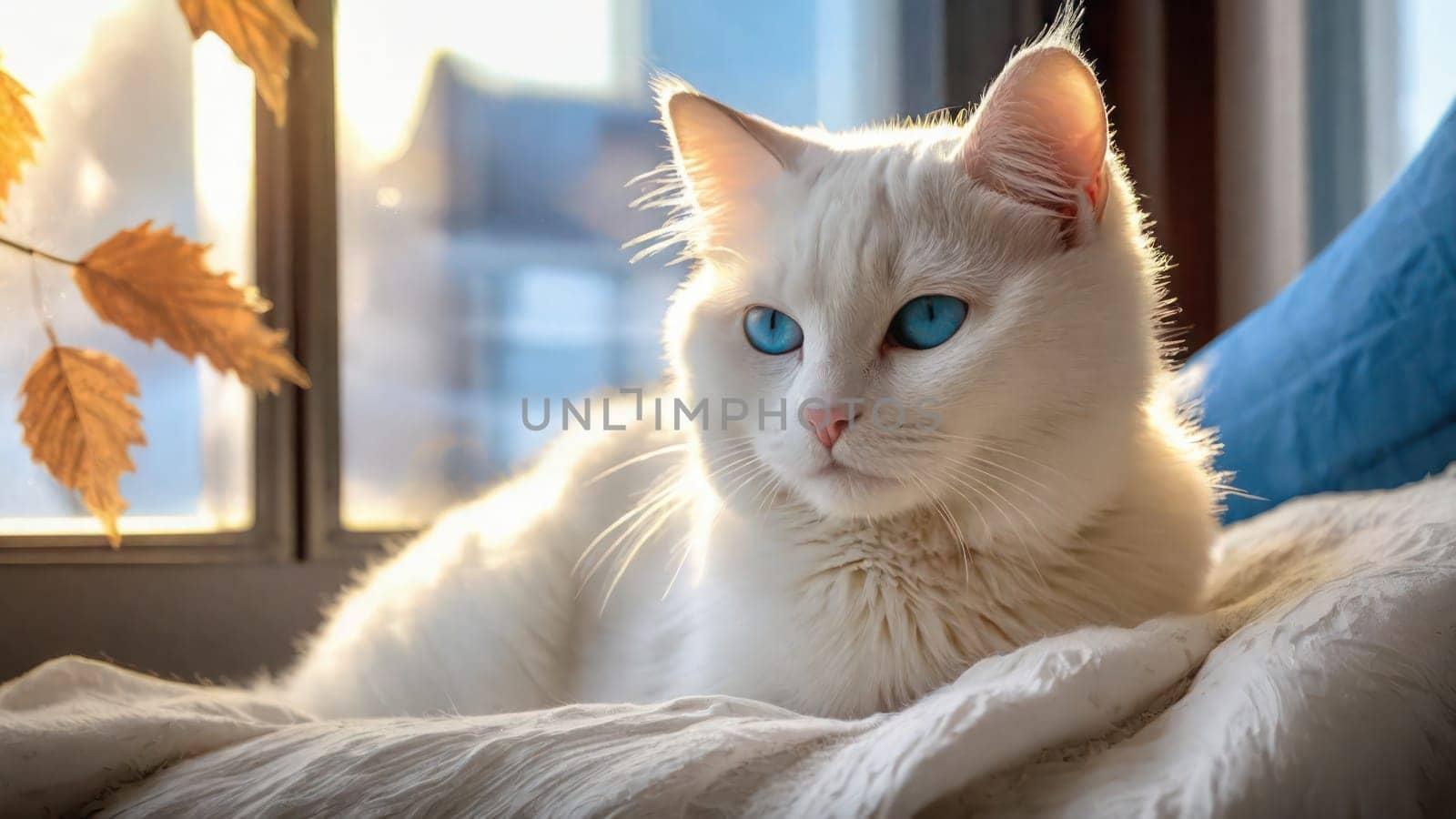 Nice white cat resting on a beige blanket by the window. Cat day picture by VeroDibe