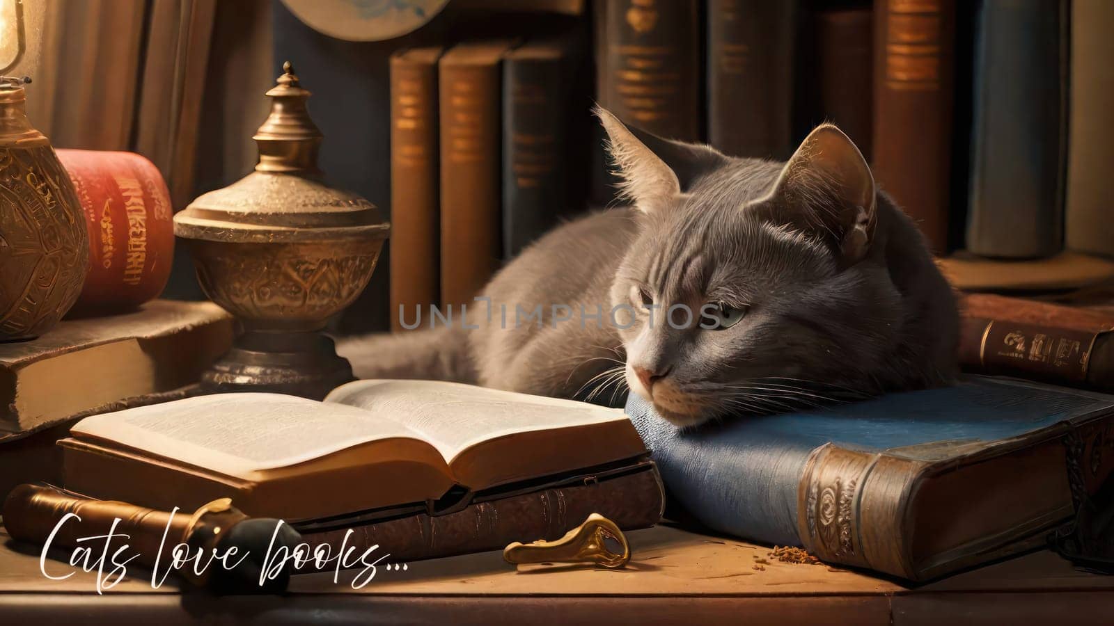 Pretty grey tomcat resting on an old book, in the library by VeroDibe