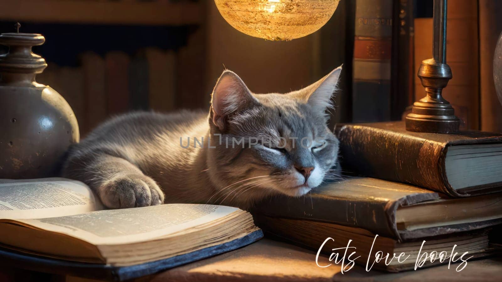 Cute grey kitten sleeping on an old book in the library. by VeroDibe