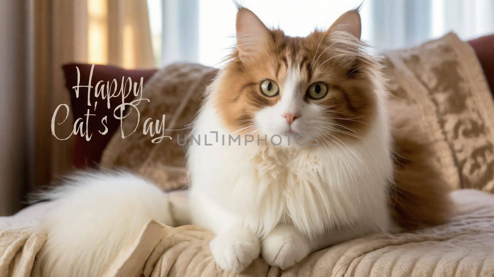 Beautiful cat on a beige blanket, pretty pet .Cat Day Card by VeroDibe