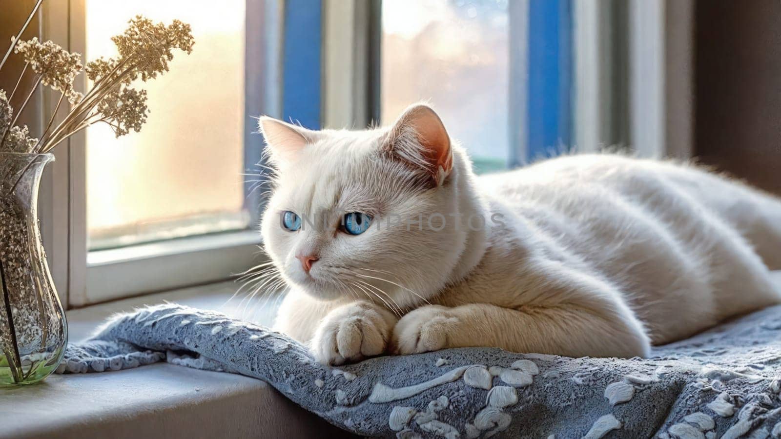 Nice white cat with blue eyes resting by the window. Cat day picture by VeroDibe
