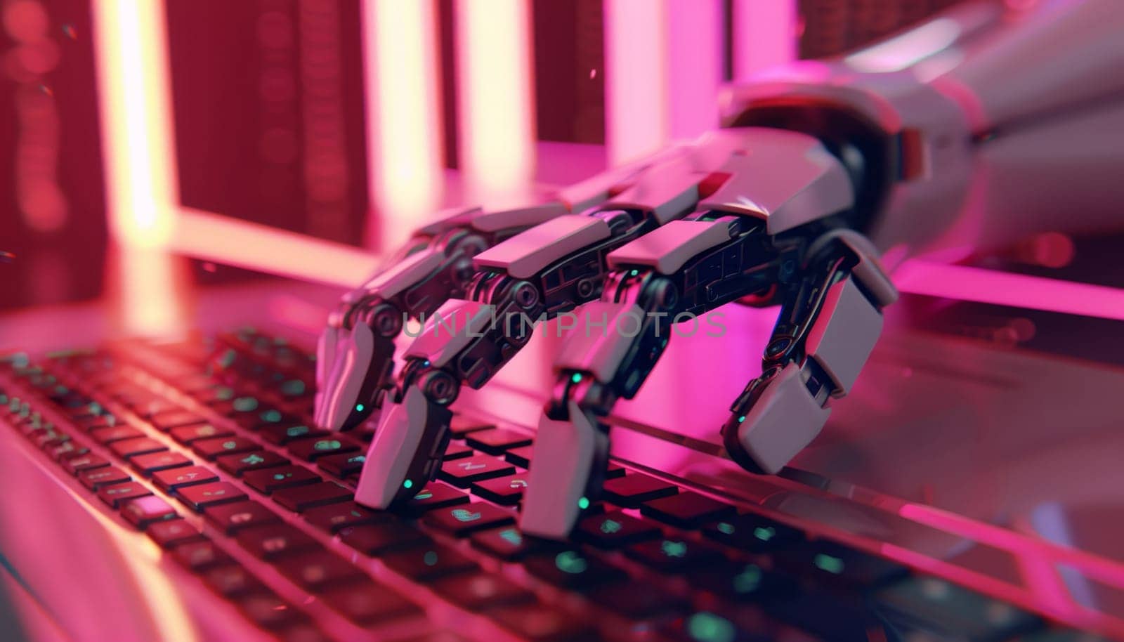 A robot hand is typing on a keyboard by AI generated image.