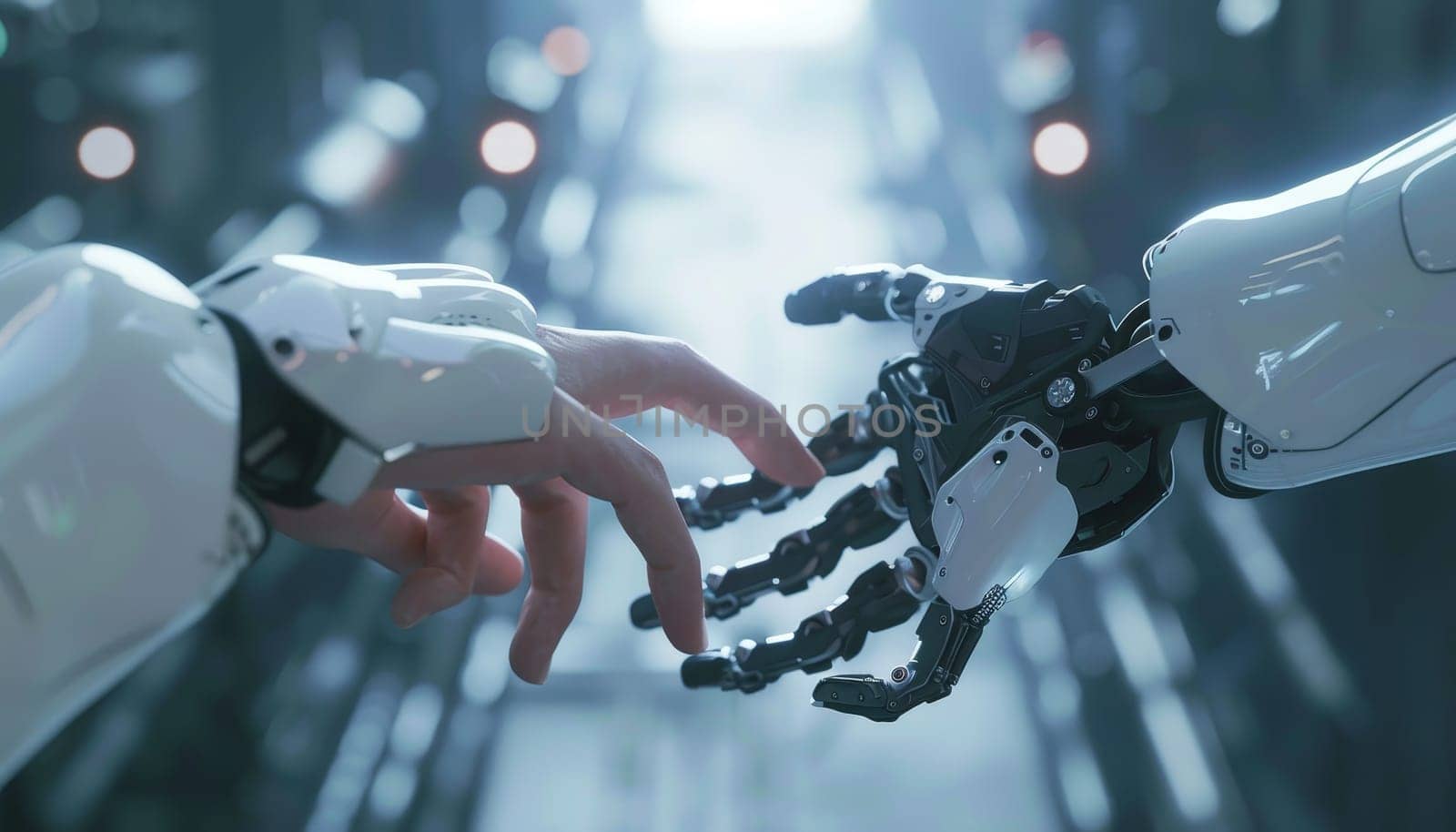 Two robotic hands are touching each other in a futuristic setting by AI generated image by wichayada