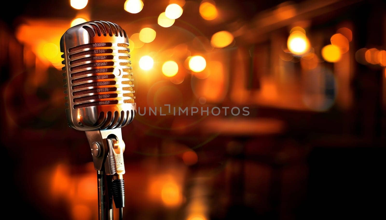 A microphone is on a table in a dimly lit room by AI generated image by wichayada