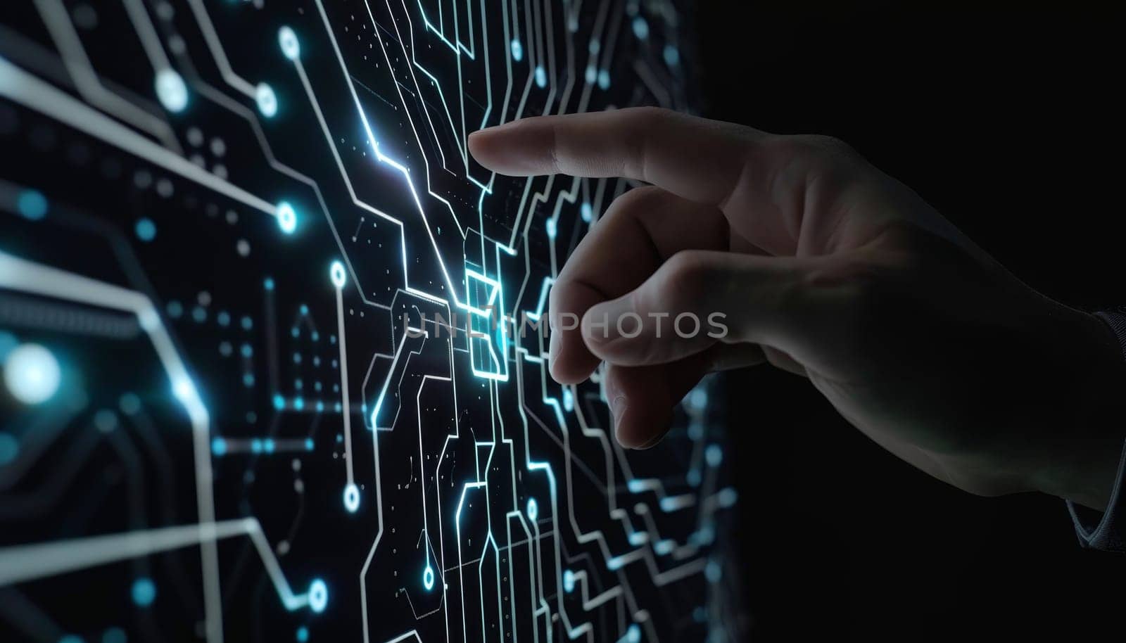 A hand is pointing at a brain on a computer screen by AI generated image by wichayada