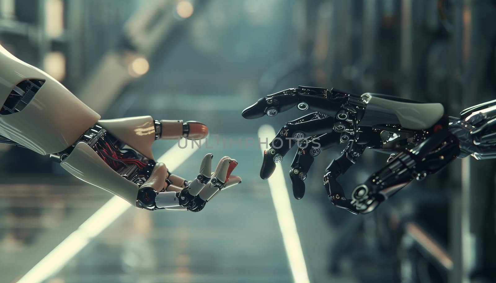 Two robotic hands are touching each other in a futuristic setting by AI generated image by wichayada