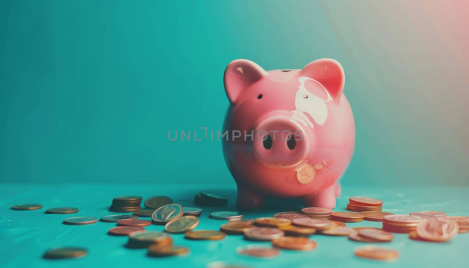 A pink piggy bank sits on a table with a pile of coins by AI generated image by wichayada