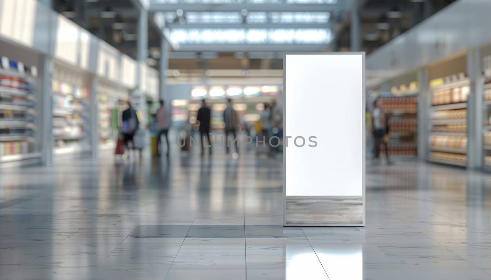 A white sign is in a store with people by AI generated image.