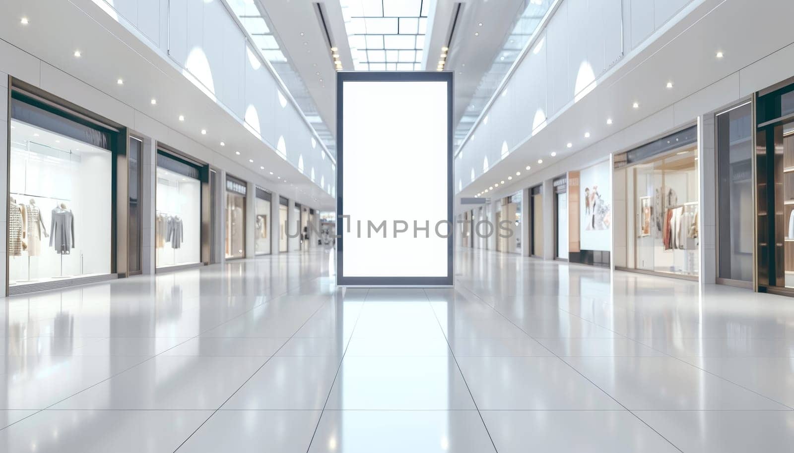 A large empty mall with a white sign in the middle by AI generated image by wichayada