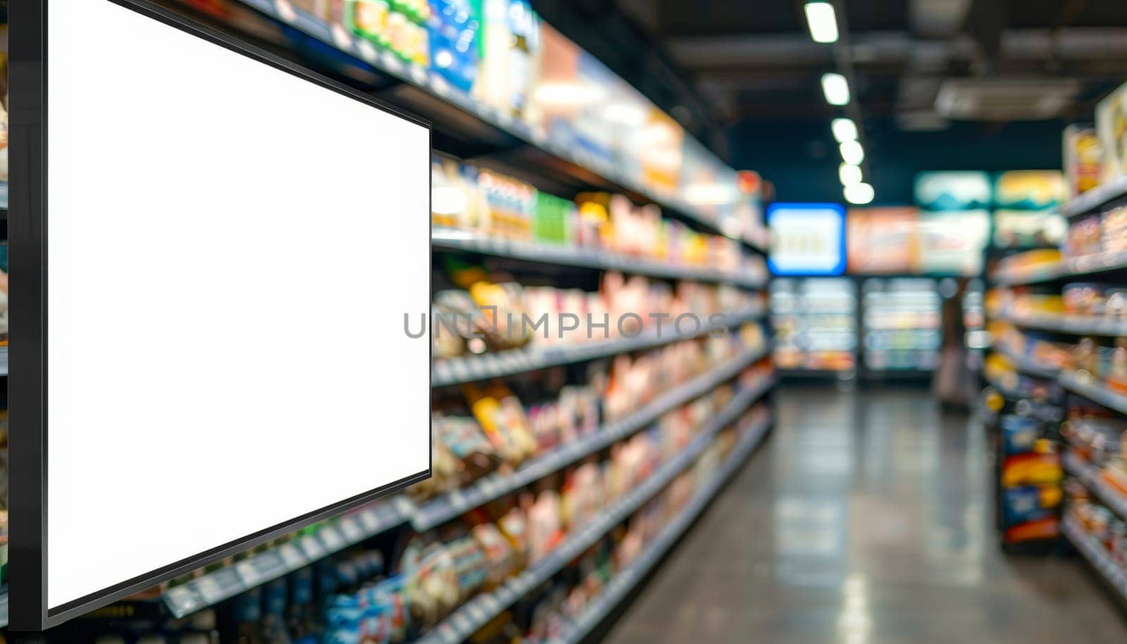 A white sign is hanging in a store by AI generated image.