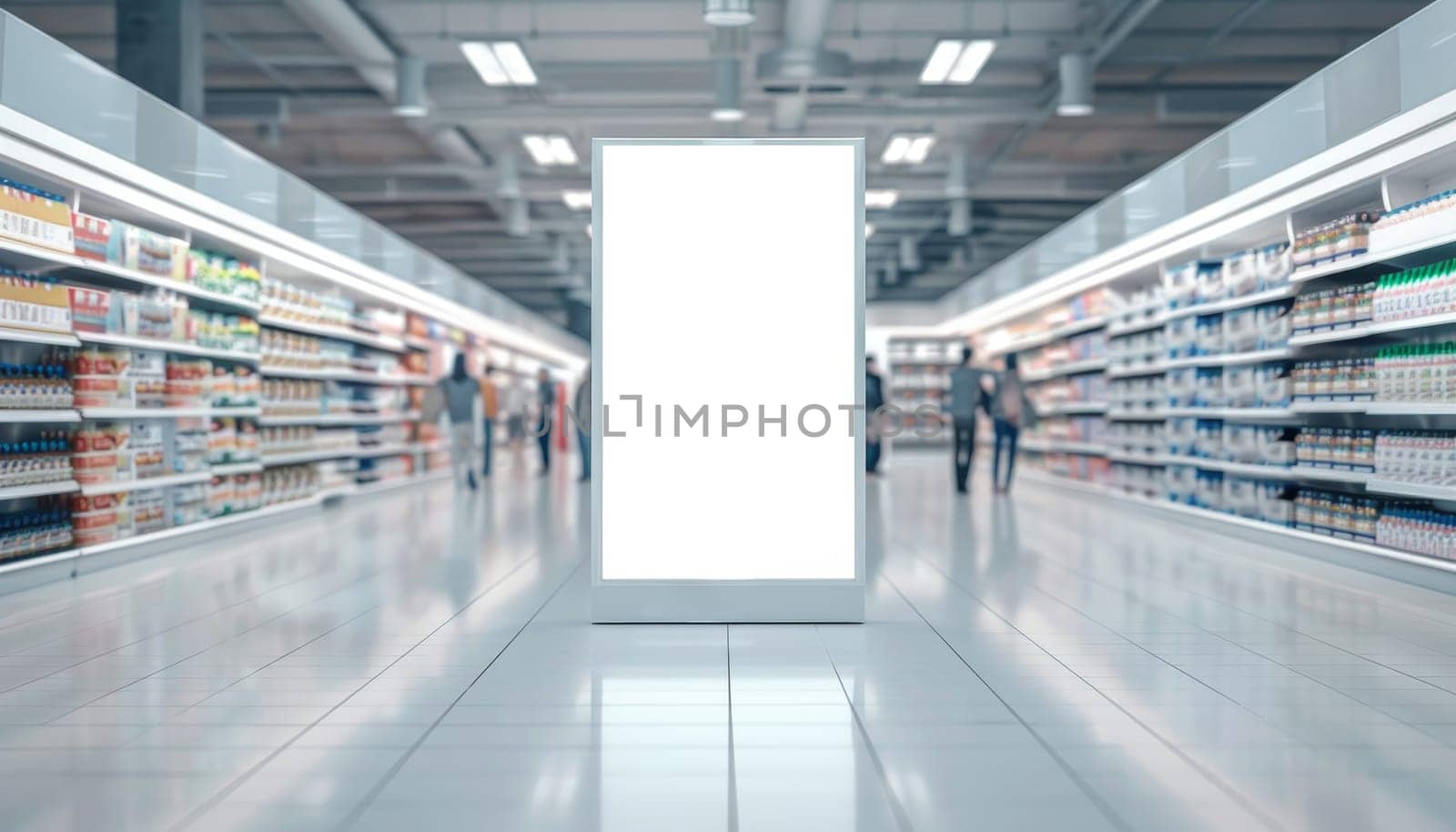 A large white sign hangs in the middle of a large, empty store by AI generated image.