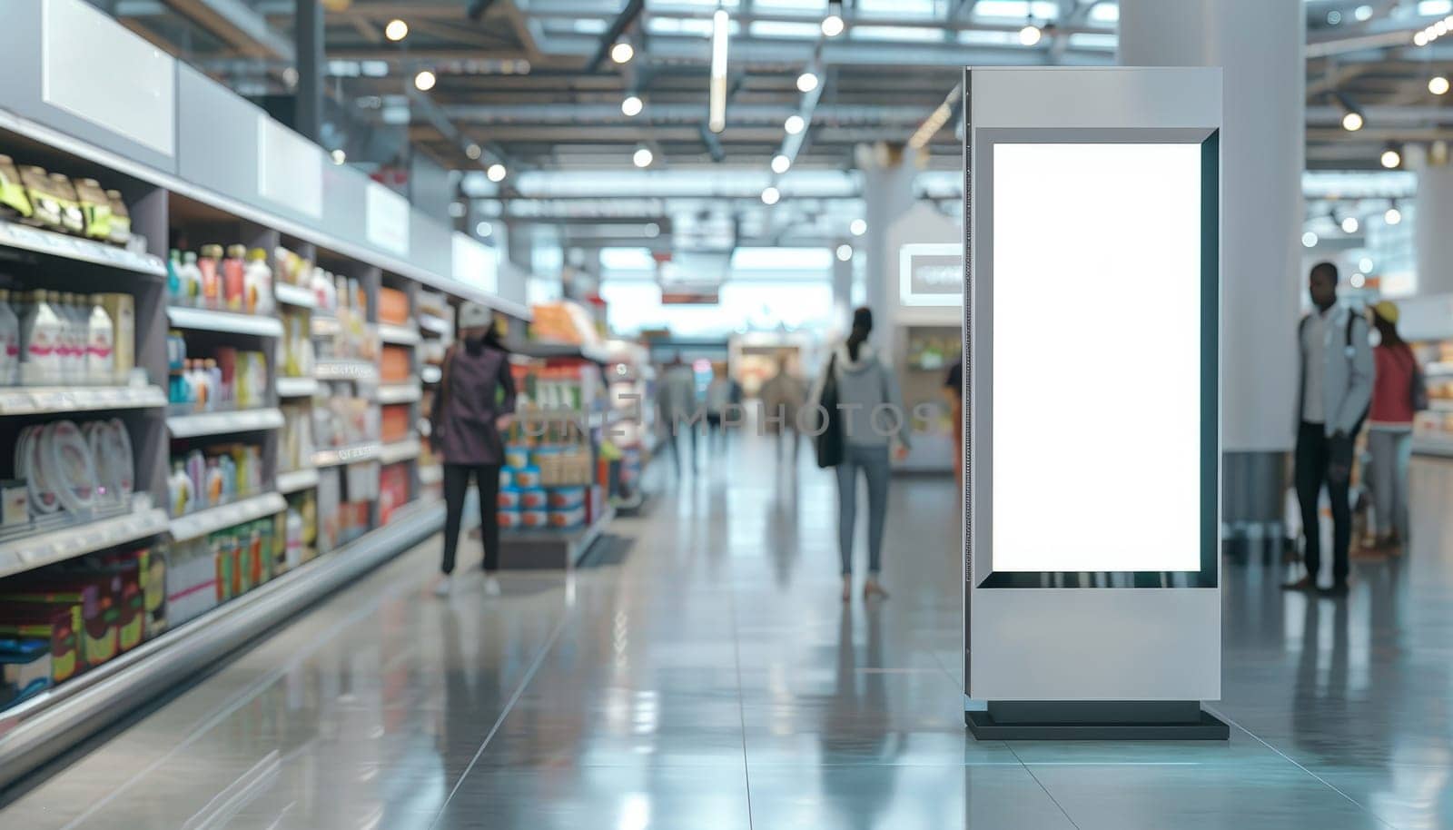 A white sign is in a store with people by AI generated image.