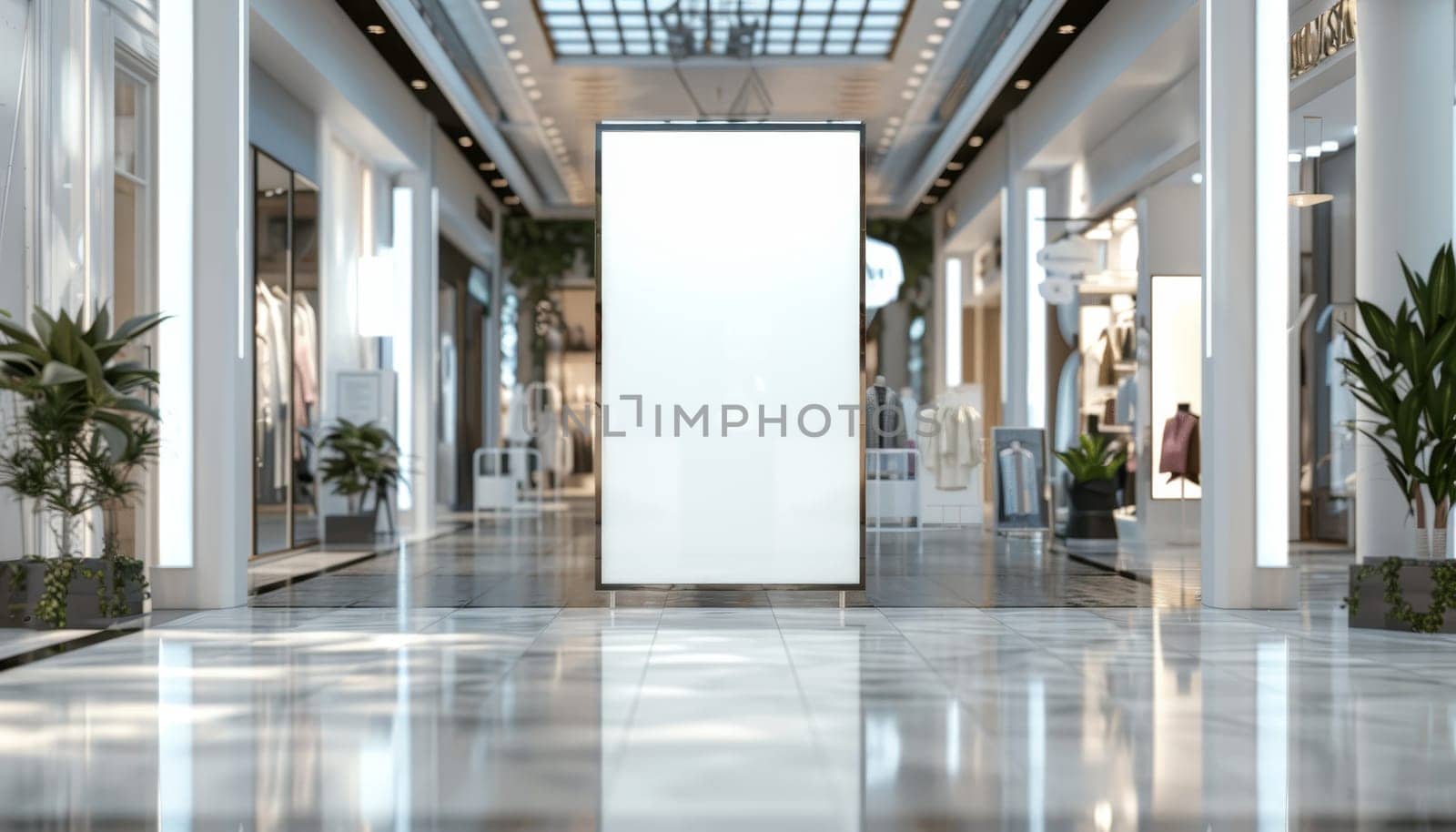 A white sign is in a store with people by AI generated image.