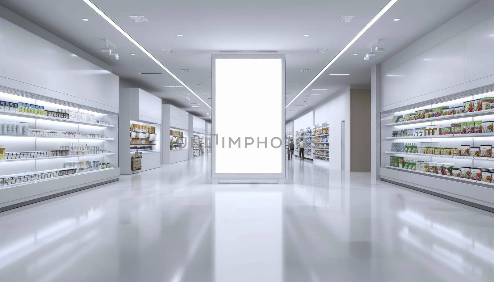 A large white sign hangs in the middle of a large, empty store by AI generated image.