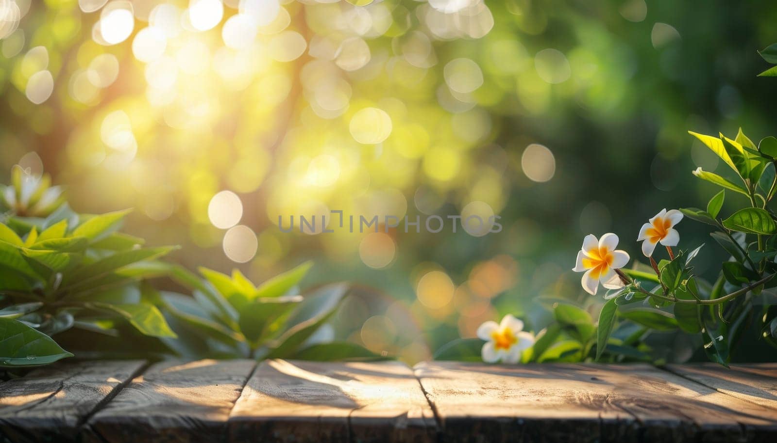 A wooden table with a view of a house and a garden by AI generated image by wichayada