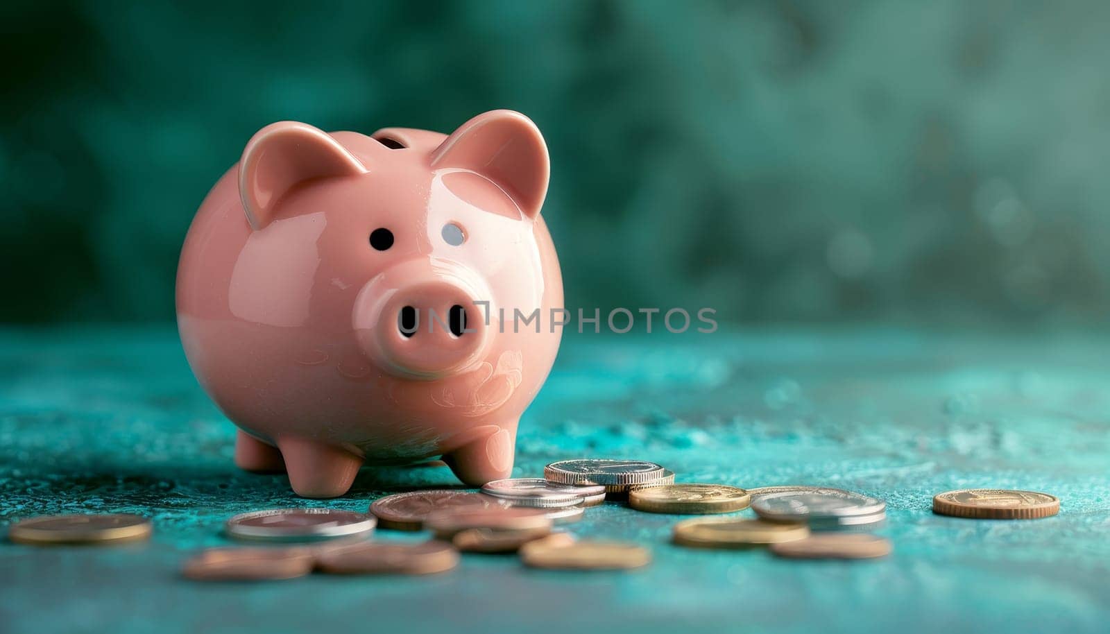 A pink piggy bank sits on a table with a pile of coins by AI generated image.