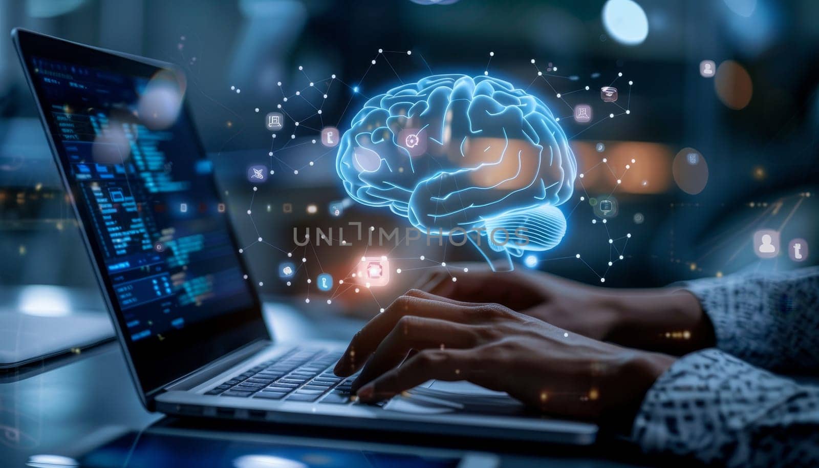A person is typing on a laptop with a brain image on the screen by AI generated image.