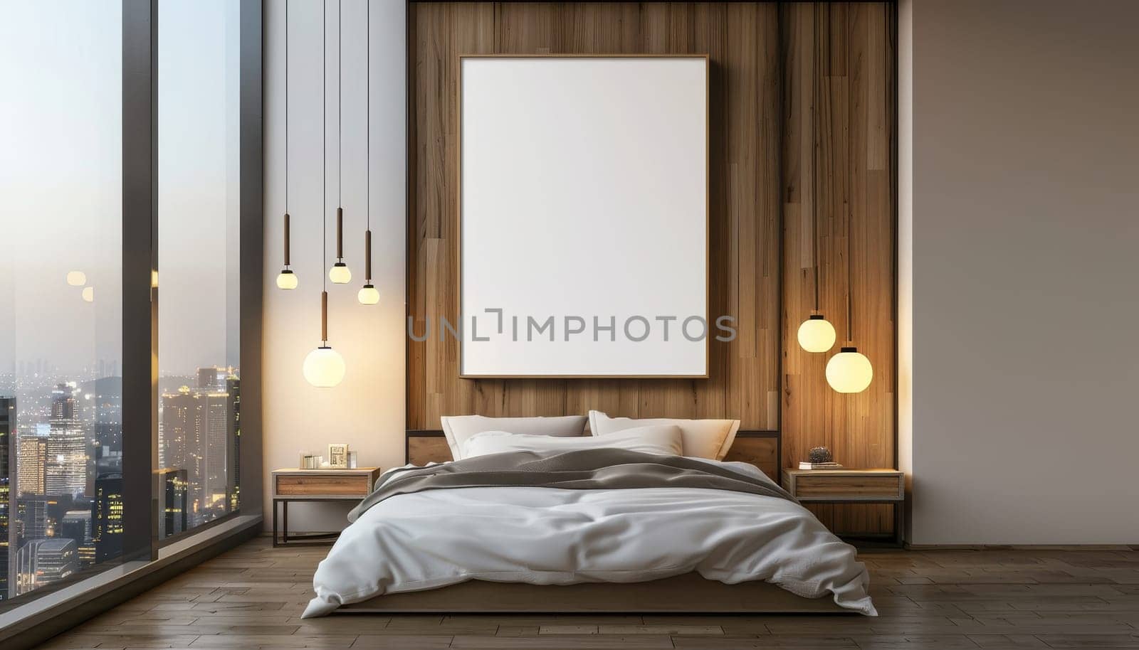 A large, empty white framed picture hangs on the wall above a bed by AI generated image.