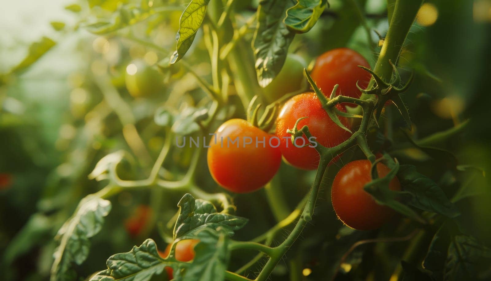 A close up of a tomato plant with three ripe tomatoes on it by AI generated image by wichayada