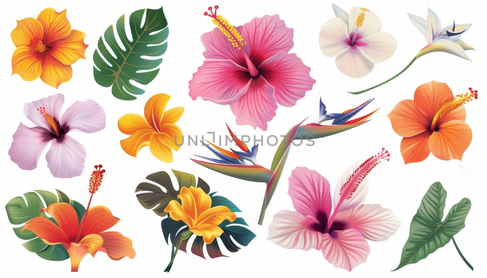 A collection of tropical flowers with a bright and colorful palette. The flowers are arranged in various sizes and shapes, creating a dynamic and lively scene. Scene is cheerful and vibrant