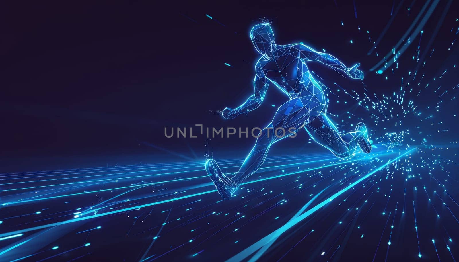 A man is running on a track with a blue background by AI generated image.