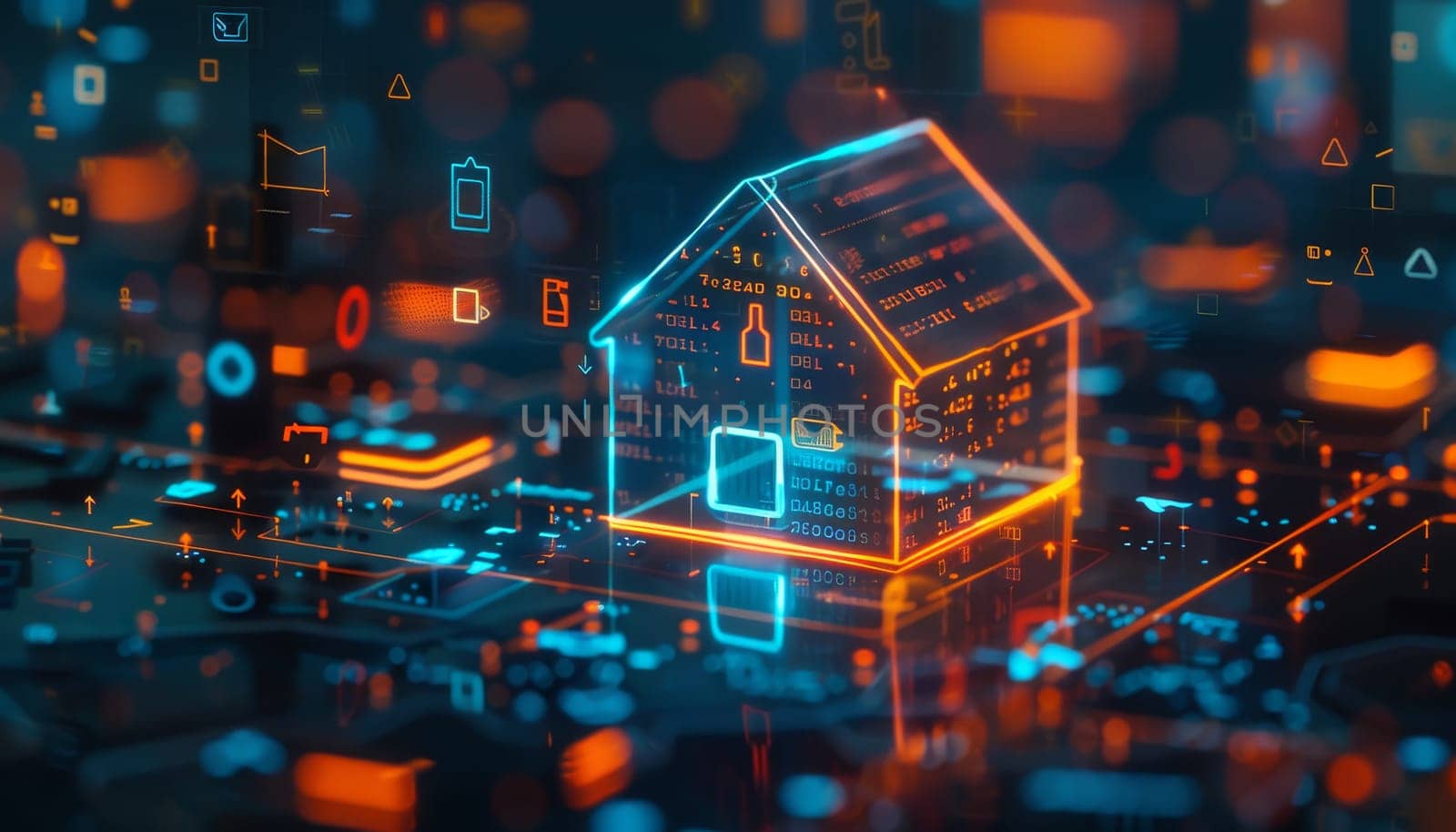 A house is shown in a computer generated image with a glowing orange by AI generated image by wichayada