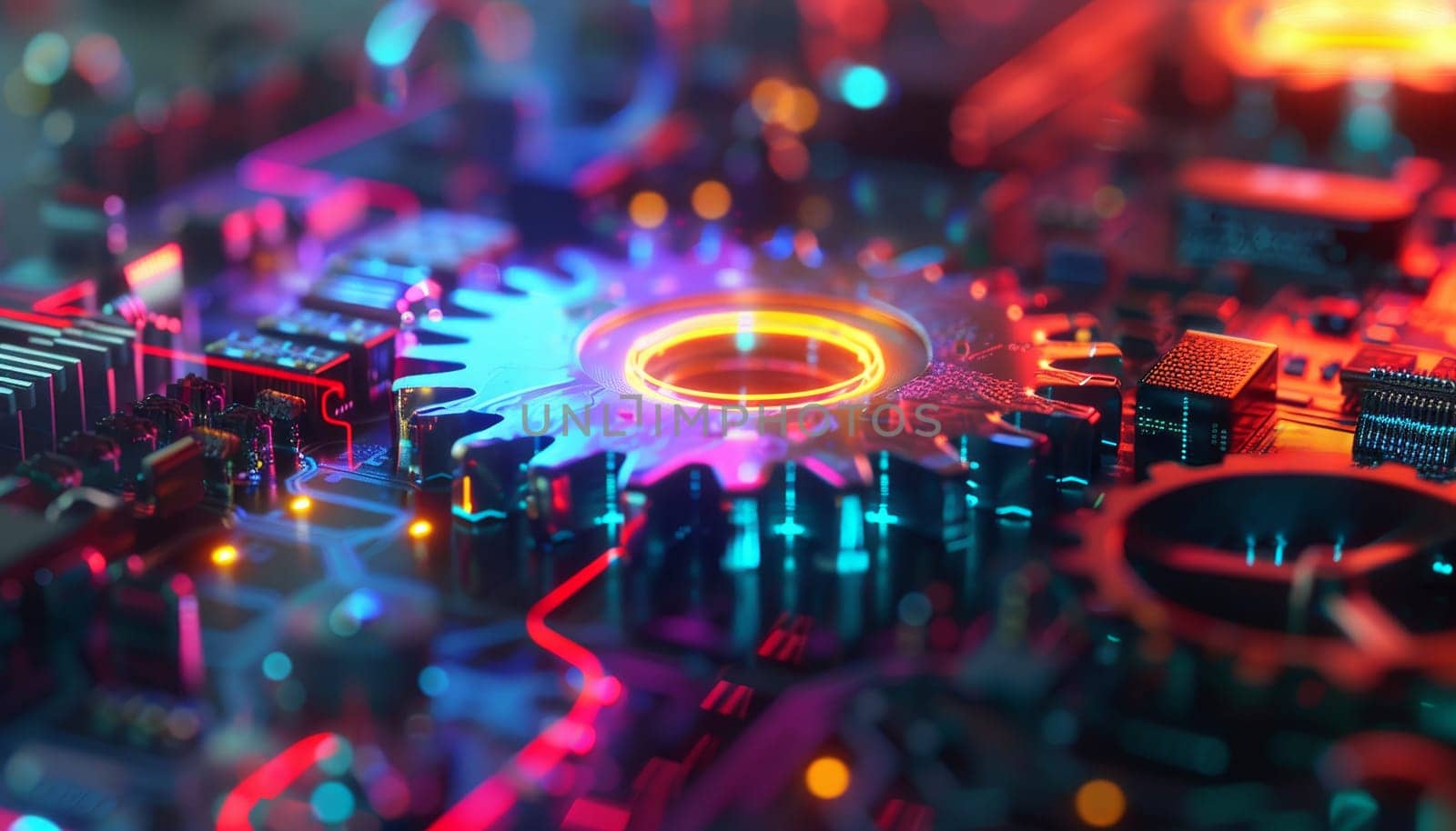 A colorful, abstract image of a gear with a red circle in the middle. The image has a futuristic, technological vibe