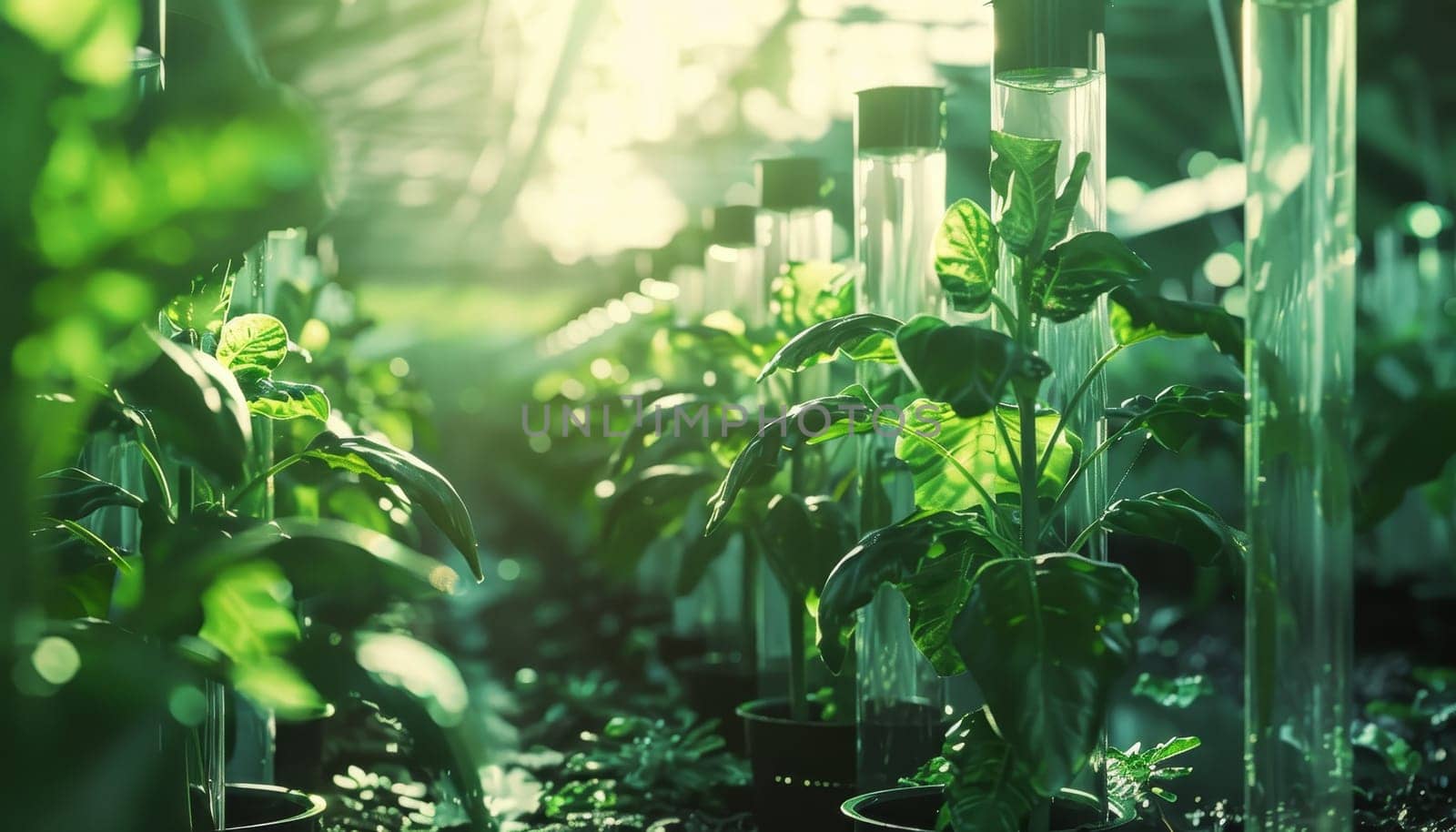 A row of plants are growing in a greenhouse. The plants are in small plastic containers and are surrounded by glass tubes. The plants are green and healthy, and the greenhouse is filled with sunlight