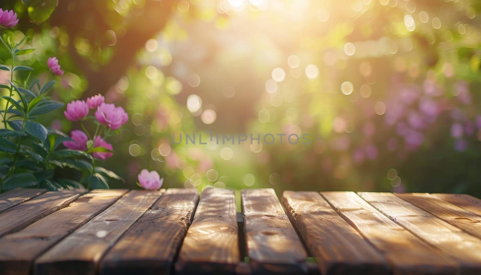 A wooden table with a view of a house and a garden by AI generated image.